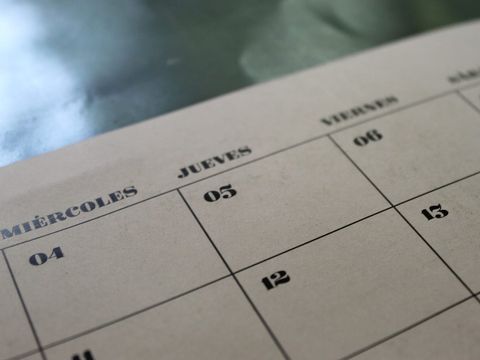 Nahaufnahme eines gedruckten Monatskalenders mit leeren Tagesfeldern und spanischen Wochentagen