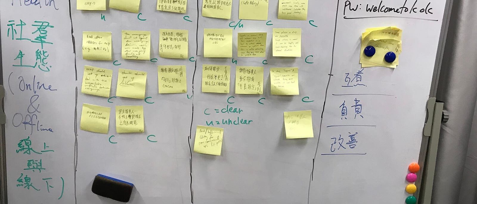 Whiteboard mit gelben Haftnotizen in Spalten für Vorschläge und Hindernisse
